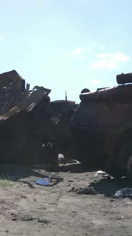Vertical Video of a Destroyed Military Hardware in Bucha Ukraine