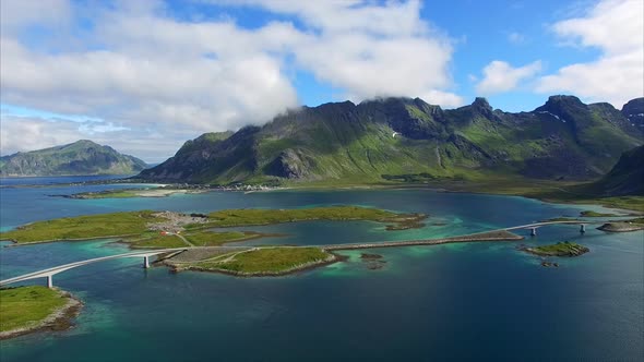 Aerial view of scenic tourist road on Lofoten in Norway