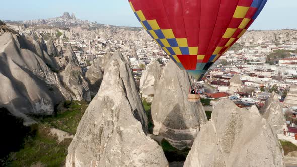 Colourful Red Blue Yellow Colours Hot Air Baloons Aerial Drone Flight. The Great Tourist Attraction