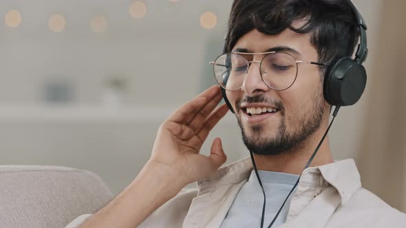 Portrait Happy Cheerful Guy Arabic Man Millennial Close Up Male with Glasses and Headphones