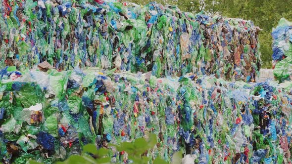 Compressed Bundles of Colorful Plastic Bottles in the Recycling Center