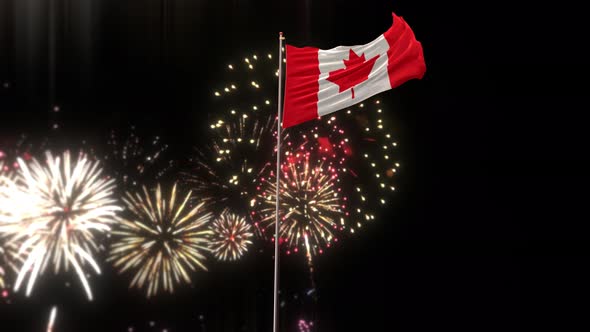 Canada Flag With World Globe Flags And Fireworks 