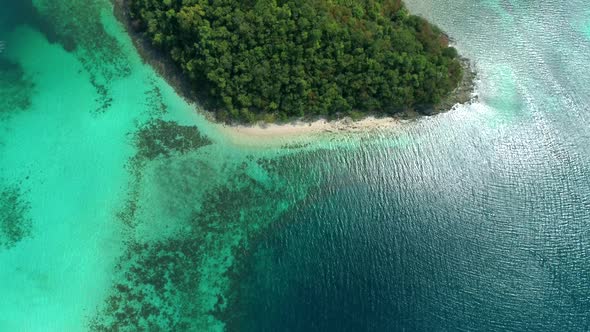 Aerial View of a Tropical Island with Palm Trees and White Sand Beaches. Amazing Tropical Island in