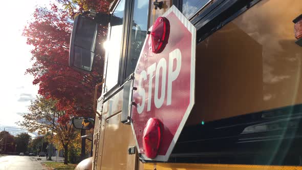 School bus stop sign autumn trees back to school