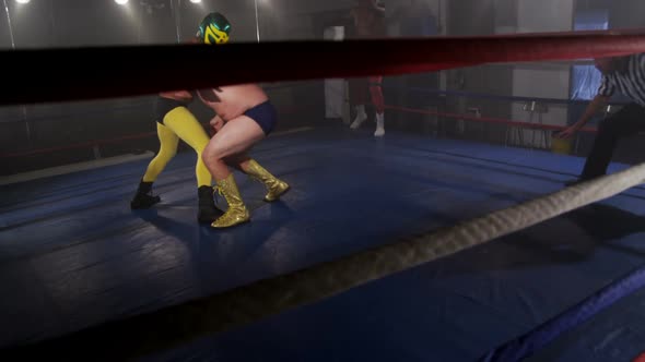 Masked men wrestle in ring