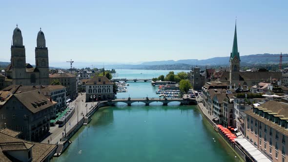 The Bridges Over River Limmat in the City Center of Zurich