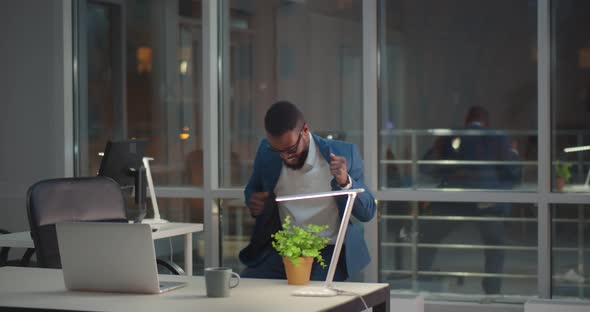 Funny Happy Afroamerican Male Employee Dancing in Office