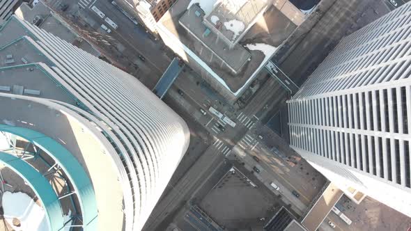 Bird's eye view of downtown Minneapolis, traffic, street