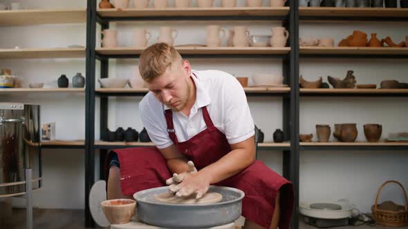 Handicraft the Man Potter Makes a Pitcher Out of Clay Handicraft Production of Handmade Tableware