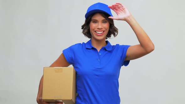 Happy Delivery Girl with Parcel Box in Blue