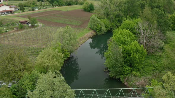 The river bank with trees, grass, small hills, houses and vine trees around in the spring. Vipava ri