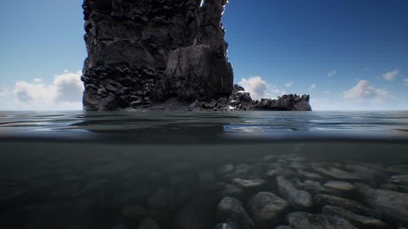 Ocean Seascape with Sky and Ocean Wave Splitted By Waterline to Underwater Part