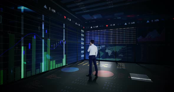 Rearview of businessman looking at digital animation of glowing graph interface