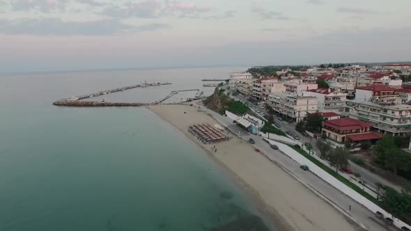 Flying Over Resort Town with Quay. Nea Kallikratia, Greece