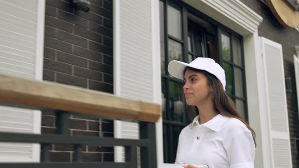 Cheerful Courier Carrying Boxes of Pizza.