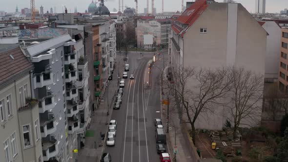 AERIAL: Slow Flight Through Empty Central Berlin Neighbourhood Street with Almost No People and No