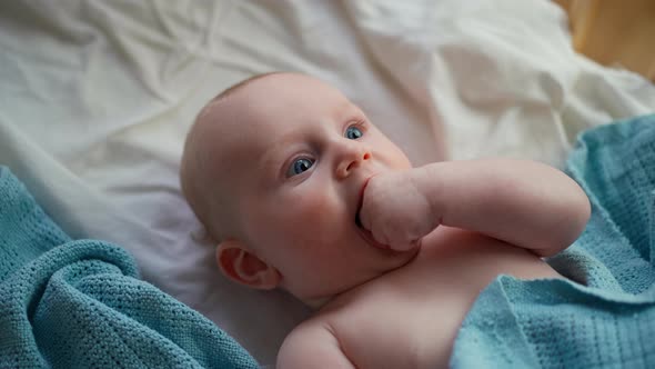 Baby Toddler Laying on the Blue Blanket Smiling and Looking Away