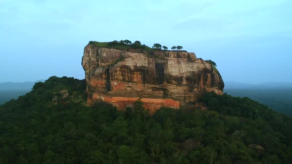 Aerial over lion rock, Sigariya rock fortress. Dambulla, Sri Lanka