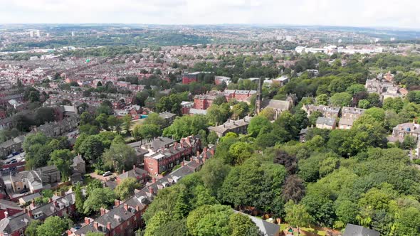 Aerial footage of the Leeds town of Headingley, the footage shows the famous Leeds University in UK