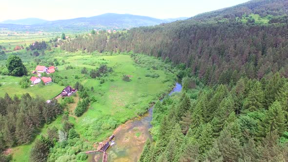 Aerial view of Jesenica river and surrounding in Croatian region Lika.