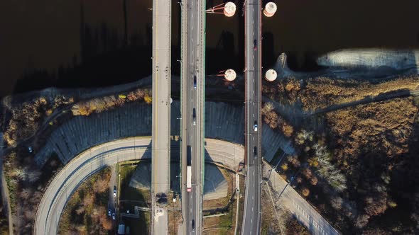 a Large Automobile Bridge Over the River From a Bird'seye View