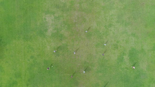 Soccer Players Training Football in the Pitch Areial View