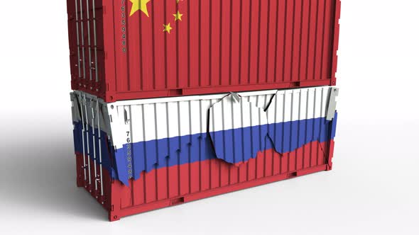 Container with Flag of China Breaks Container with Flag of Russia