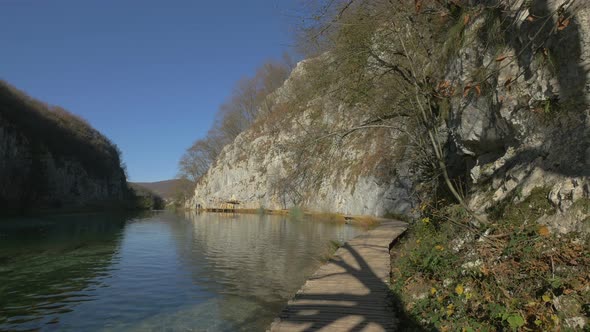 Timber path along a river in Plitvice Park