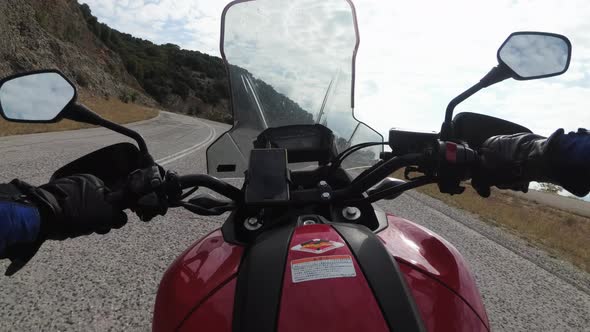 POV Biker Rides on Motorbike By Scenic Mountain Road Moto Adventure Freedom