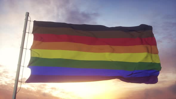 Philadelphia Pride Flag Waving in the Wind Sky and Sun Background