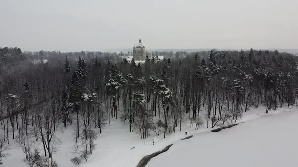 Pazaislis monastery in Kaunas in aerial drone ascend winter shot