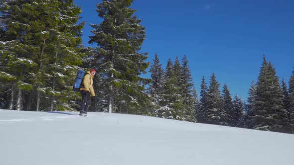 Man Backpacker Tourist Walking Snow Landscape