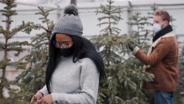 Multiracial Couple in Masks Shop for Xmas Tree at Market