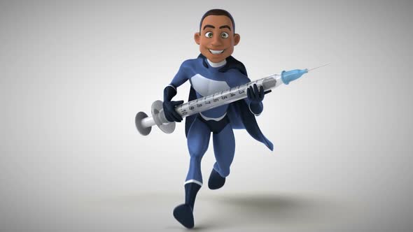 Fun 3D cartoon superhero running with a syringe