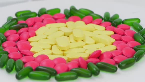 Micro shot of colorful tablets placed in a circle view