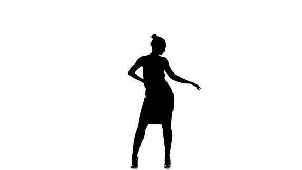 Attractive Social Latina Dancer in Skirt Dancing, on White, Silhouette