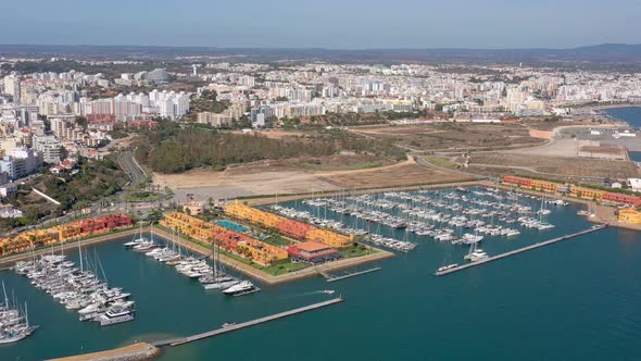 Aerial View of the Portuguese Marina Bay in the Tourist Town of Portimao Yacht Boats of Luxury