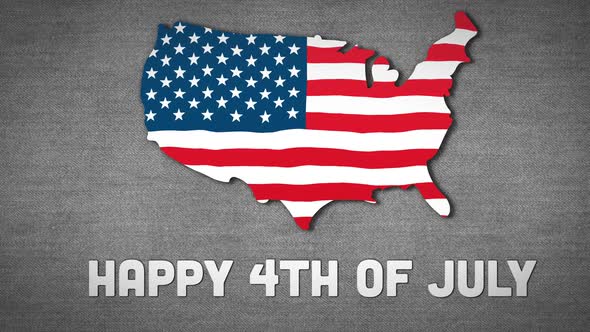 Animation of an U.S. map with an U.S. flag waving with a text Happy 4th of July on grey background