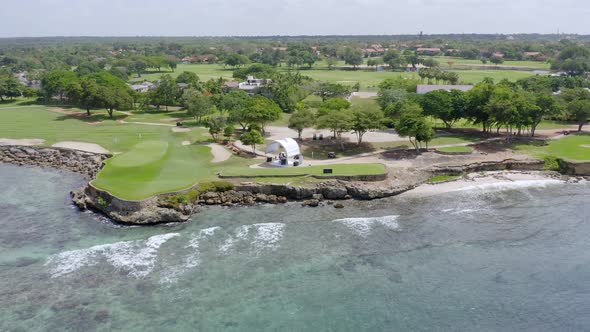 Golf tournament at Casa de Campo La Romana on Caribbean coastline; aerial