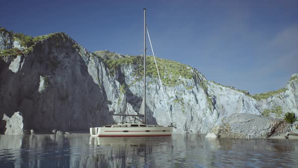 White Yacht Anchored in a Bay with Rocky Cliffs