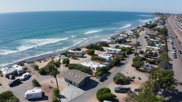 Beautiful aerial shot flying over San Elijo State Beach in California