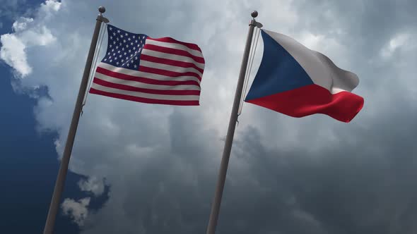 Waving Flags Of The United States And The  Czech Republic 4K
