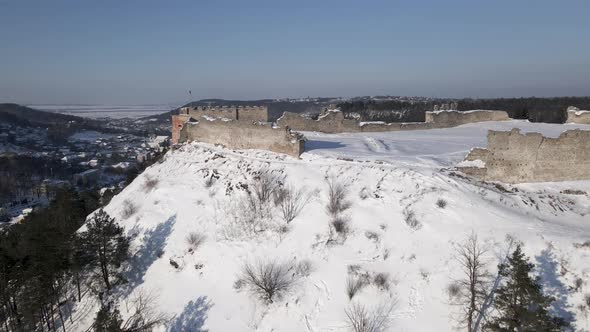 Aerial Drone View of the 13Thcentury Medieval Kremenets Castle in a Territory of Ukraine Country