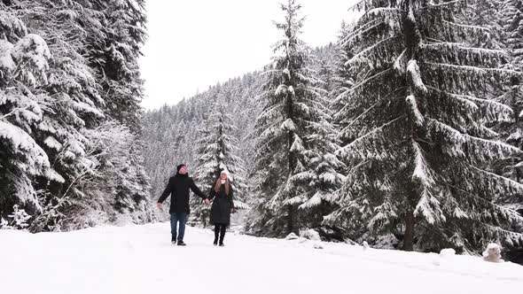 Couple in Love Walks on a Winter Road They Hold Hands a Beautiful Snowcovered Forest