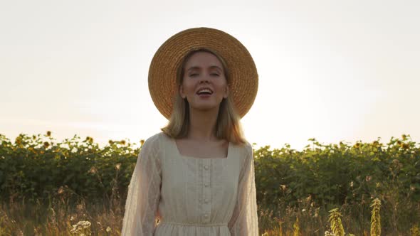 Pretty Woman Walking In Field