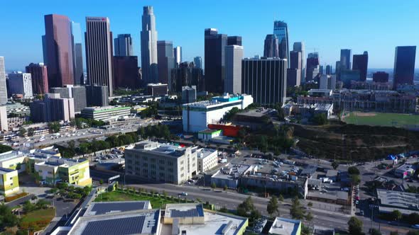 Tilt up from Buildings to Downtown Los Angeles