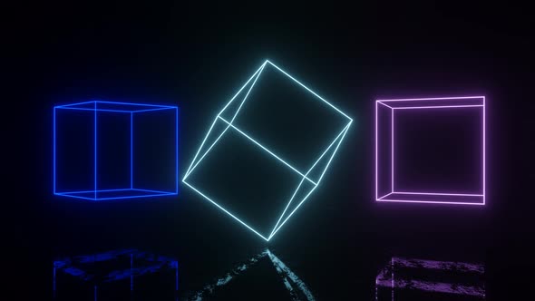 Neon glowing boxes in dark space with reflections on the floor. Seamless loop