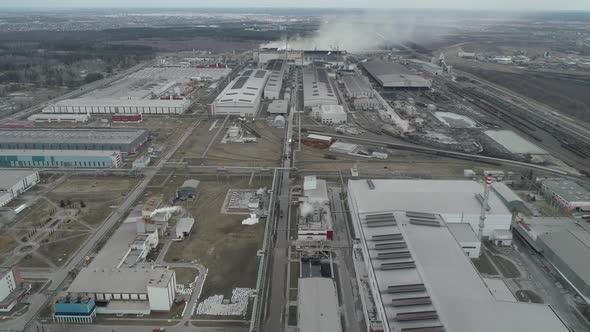 Metallurgical Production View From a Height Hangars and Buildings Smoke Comes From Pipes Heavy