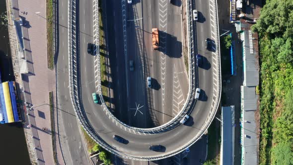 U-turn Road Car Traffic - Drone Top View Day Shot