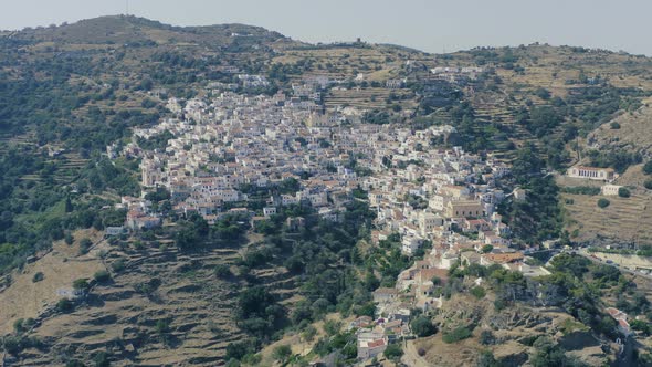 Greece, Kea island. Panoramic aerial drone view of the capital city, Ioulis